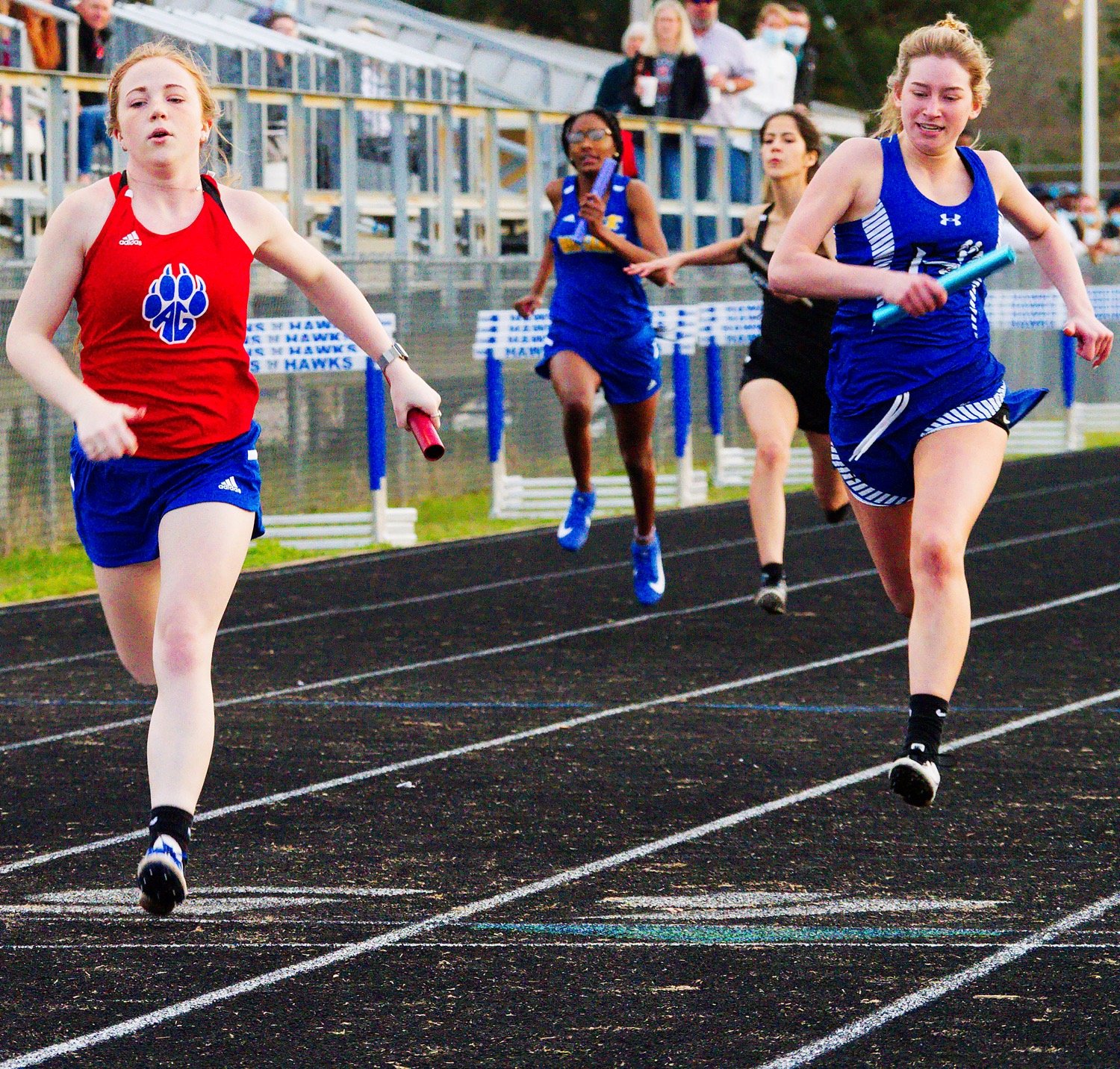 Gracie Teel (left) successfully anchors the Lady Panthers 4x100m relay team. [just a start - finish the album here]